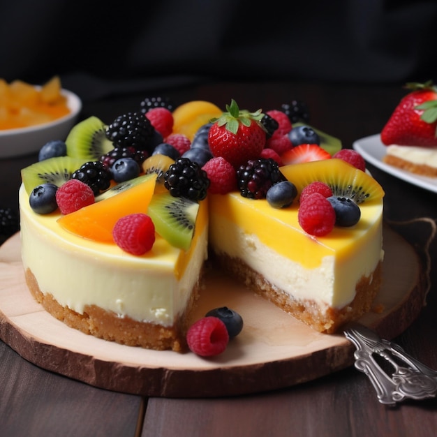 Un gâteau avec des fruits dessus et une tranche manquante.