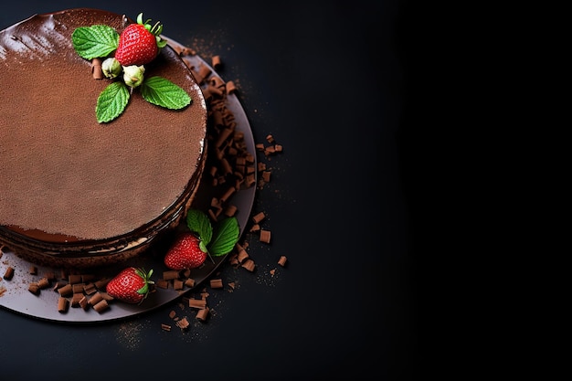 Gâteau ganache au chocolat classique sur fond sombre avec espace de copie
