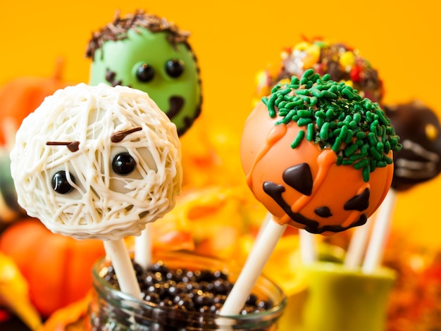 Le gâteau gastronomique d'Halloween apparaît avec un décor de vacances sur fond orange.