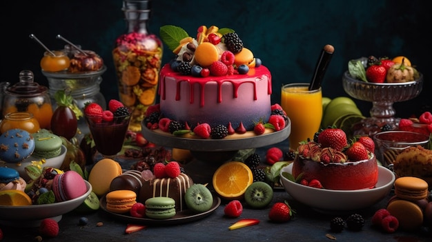 Un gâteau avec un gâteau aux fruits dessus