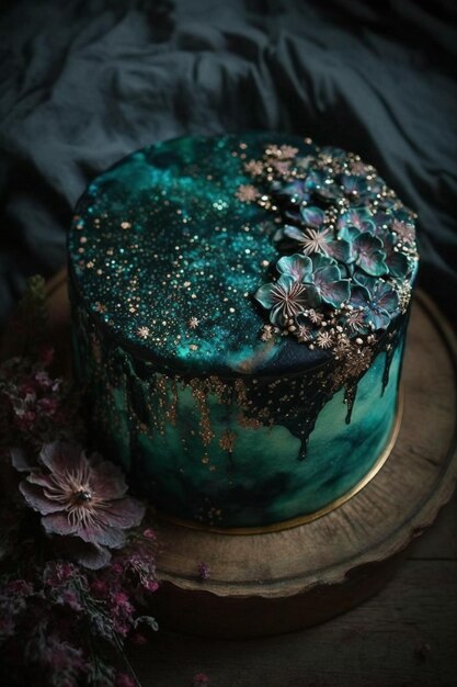 Un gâteau avec un gâteau bleu avec des paillettes dorées sur le dessus.