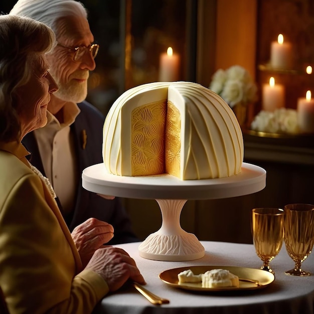 Un gâteau avec un gâteau dessus est sur une table avec des bougies derrière.