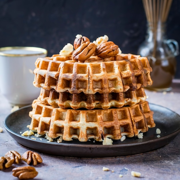 Un gâteau de gaufres avec du chocolat caramel et des noix traditionnel slovaque et tchèque gâteau grilaz avec du café