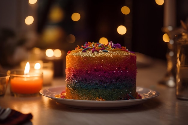 Un gâteau avec un glaçage arc-en-ciel dessus