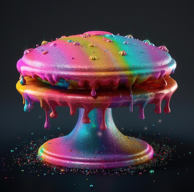 Un gâteau avec un glaçage arc-en-ciel dessus