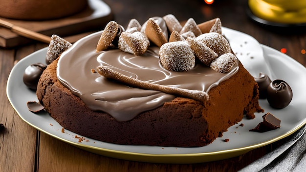 Un gâteau avec un glaçage au chocolat et un bâton de cannelle sur le dessus
