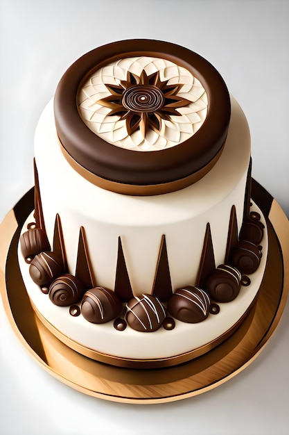 Un gâteau avec un glaçage au chocolat et blanc et un design en chocolat.