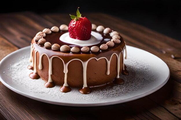 Un gâteau avec un glaçage au chocolat et une fraise sur le dessus.