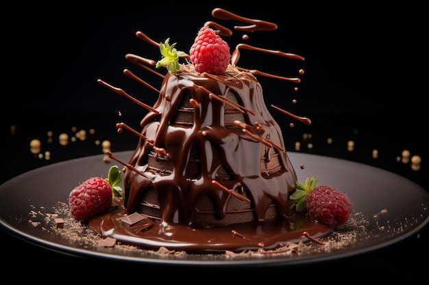 Un gâteau avec un glaçage au chocolat et des framboises dessus