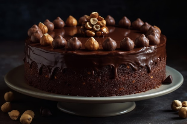 Un gâteau avec un glaçage au chocolat et des noix sur le dessus