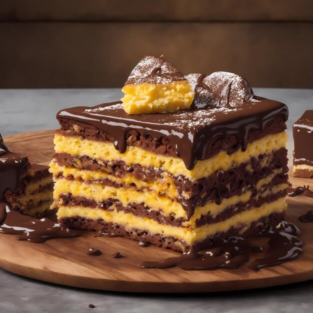 un gâteau avec un glaçage au chocolat et à la vanille est posé sur une assiette.