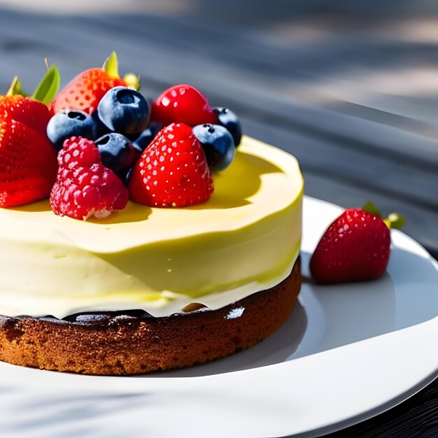 Un gâteau avec un glaçage blanc et des baies sur le dessus