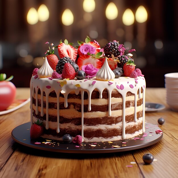 un gâteau avec un glaçage blanc et brun et des fruits sur une table.