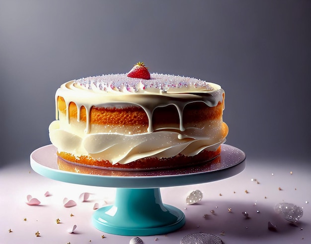 Un gâteau avec un glaçage blanc et une cerise sur le dessus