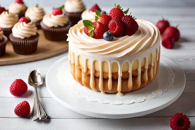 Un gâteau avec un glaçage blanc et une fraise sur le dessus.