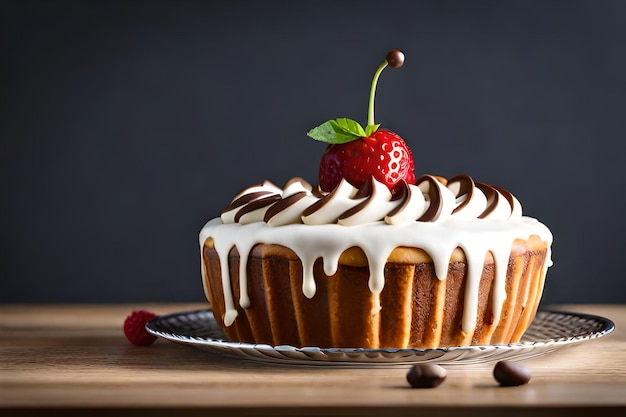 Un gâteau avec un glaçage blanc et une fraise sur le dessus