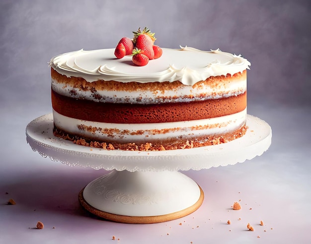 Un gâteau avec un glaçage blanc et des fraises dessus.