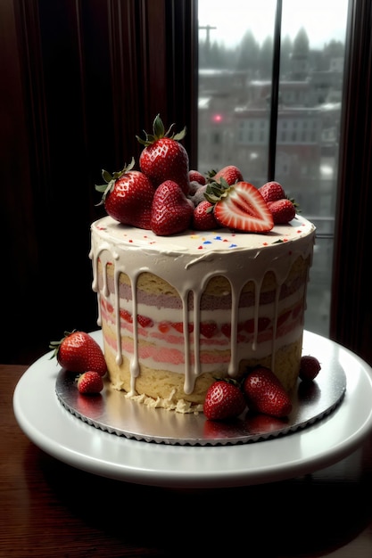 Un gâteau avec un glaçage blanc et des fraises sur le dessus