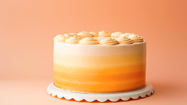 Un gâteau avec glaçage orange sur un stand de gâteau blanc couleur fuzz pêche de l'année 2024 monochromatique