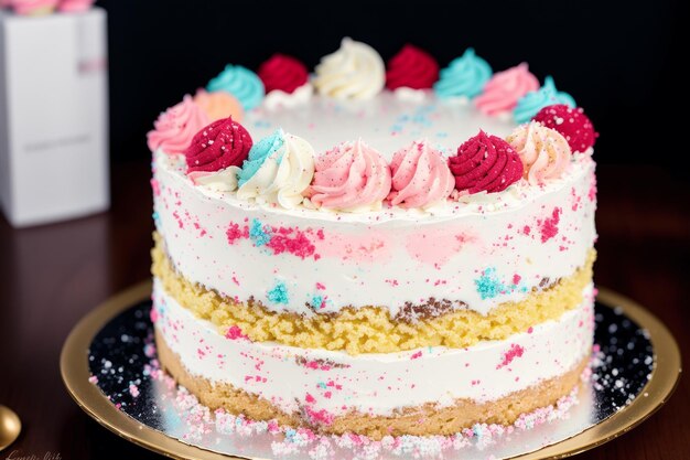 Un gâteau avec un glaçage rose, blanc et bleu et des pépites sur le dessus.