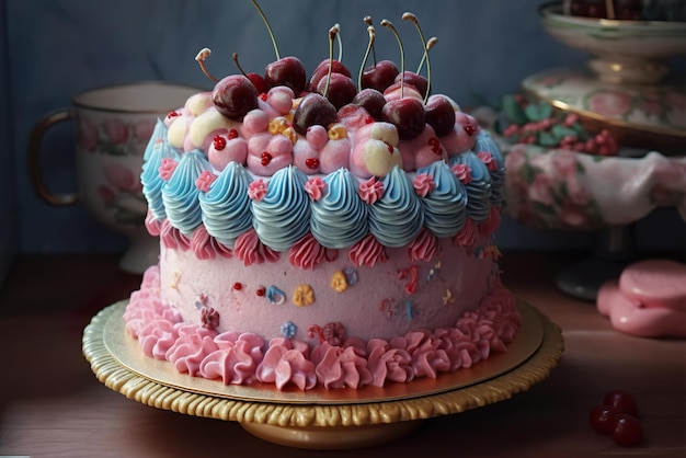 Un gâteau avec glaçage rose et cerises Gâteau rétro de style Lambeth génératif AI