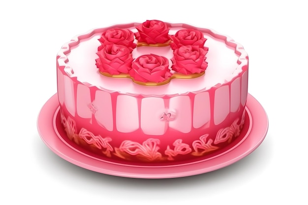 Un gâteau avec un glaçage rose et des roses dessus.