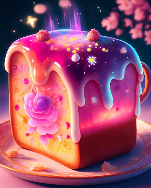 Un gâteau avec un glaçage rose et violet et une fleur dessus