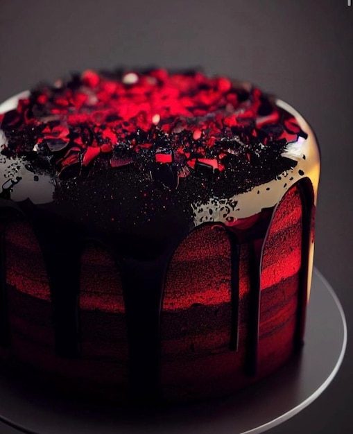 Un gâteau avec un glaçage rouge et noir et un glaçage noir et rouge.