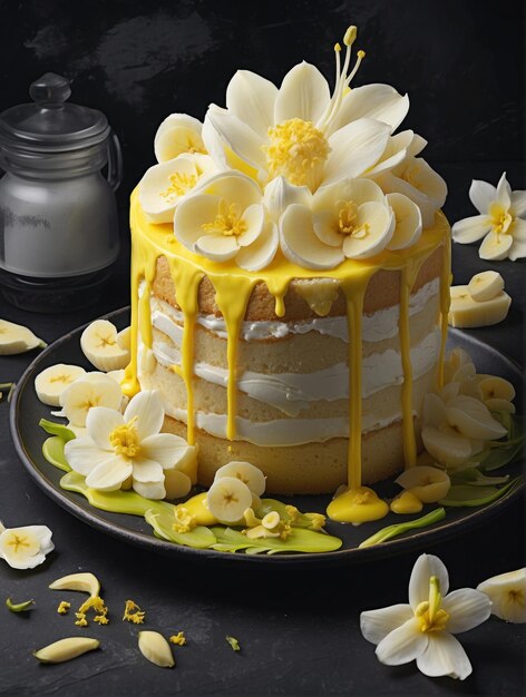 Un gâteau avec de la glace jaune et des fleurs sur un plat