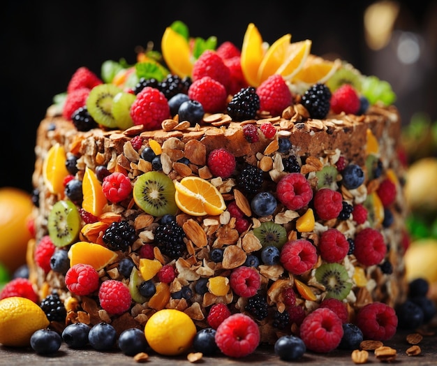 Gâteau à granola avec des baies fraîches et des flocons d'avoine.