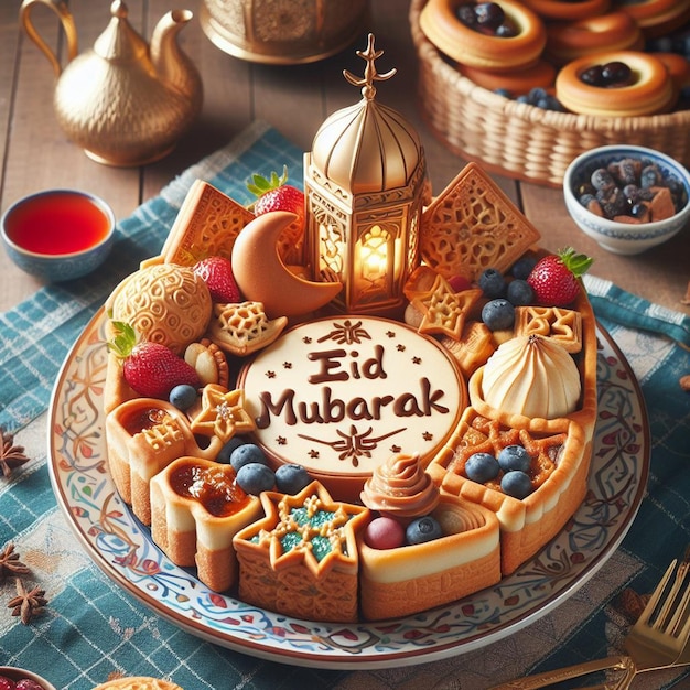 un gâteau avec une inscription en arabe disant Eid Mubarak