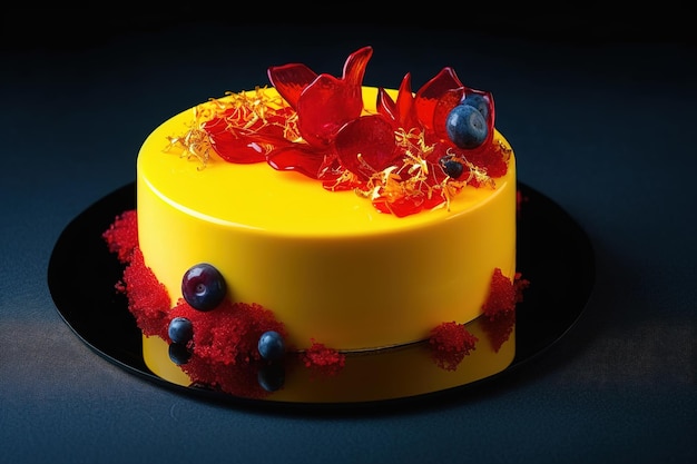 Un gâteau jaune avec des fleurs rouges dessus