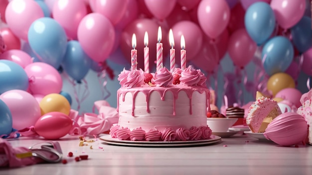 Gâteau de joyeux anniversaire avec des bougies, des ballons, des confettis colorés