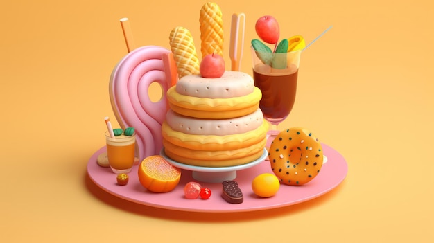 Un gâteau avec un jus de fruit et une boisson