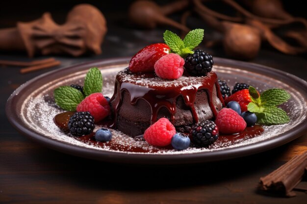 Un gâteau de lave au chocolat décadent avec des baies fraîches.
