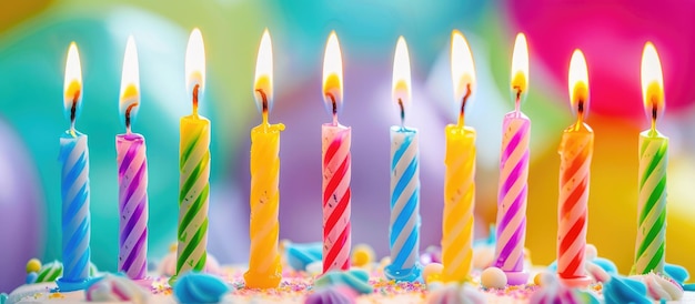 Photo un gâteau sur lequel des bougies de couleurs vives sont placées pour un anniversaire