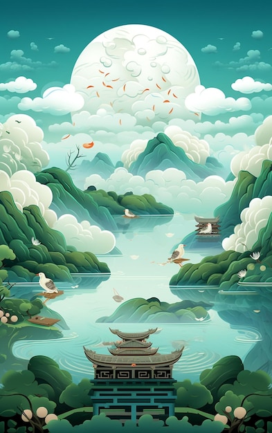 Le gâteau de lune chinois avec illustration vectorielle d'oiseaux et de nuages