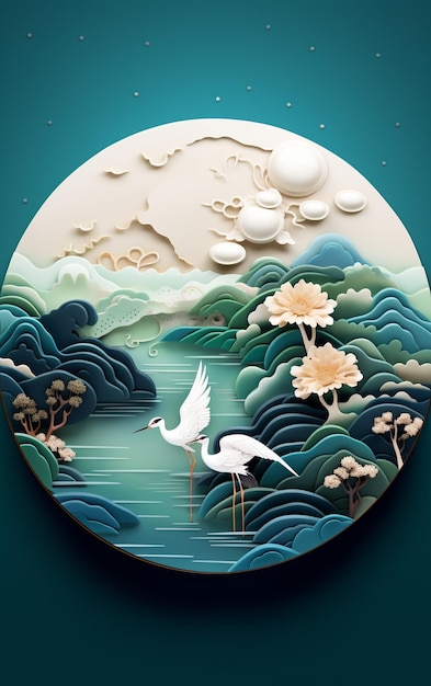 Le gâteau de lune chinois avec illustration vectorielle d'oiseaux et de nuages