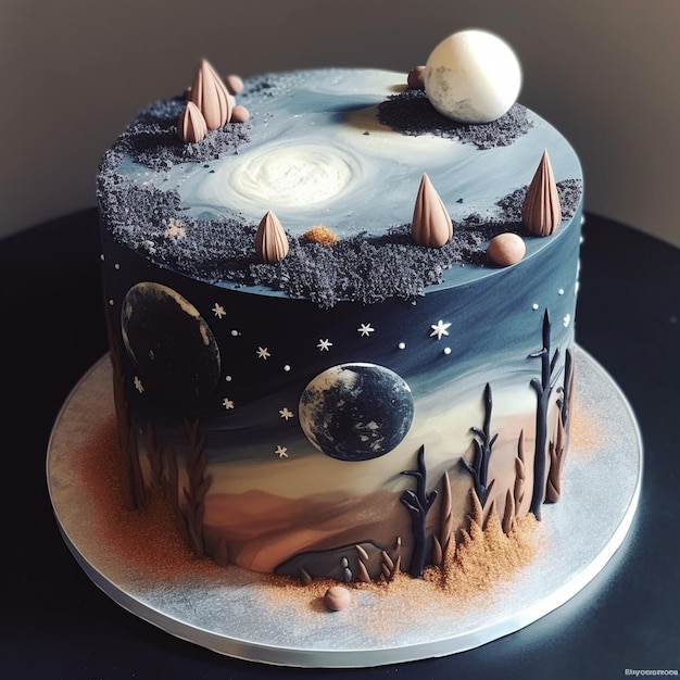 Un gâteau avec une lune et des étoiles dessus a été généré