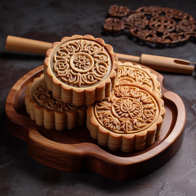 Photo gâteau de lune traditionnel chinois de la fête du milieu de l'automne dans le bois