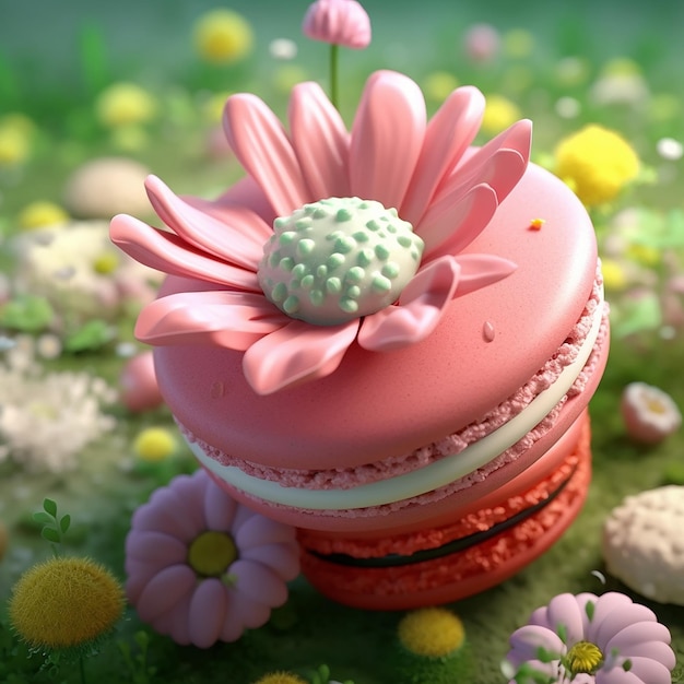 Un gâteau macaroni rose avec une fleur sur le dessus