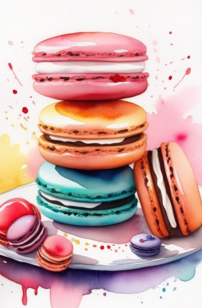 Un gâteau de macarons à l'aquarelle