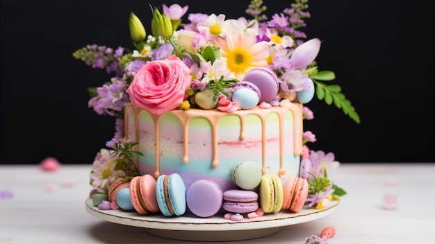 Un gâteau de macarons coloré décoré de fleurs et de macarons