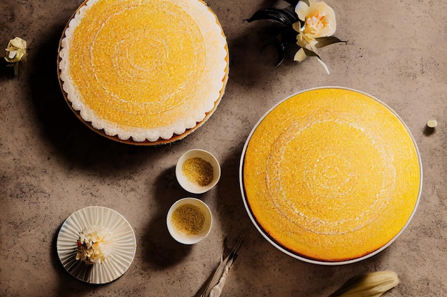 Un gâteau de maïs sur une assiette sur une table en bois avec des épis de maïs et des tranches. Gâteau rond à la semoule de maïs fait maison. Brésilien typique.