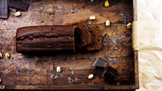 Gâteau maison décoré de pistache et de chocolat