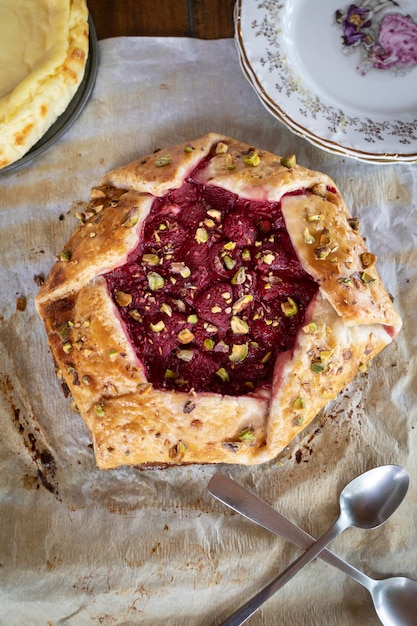 Gâteau maison rustique aux framboises pistaches et pâte feuilletée Galette aux framboises maison