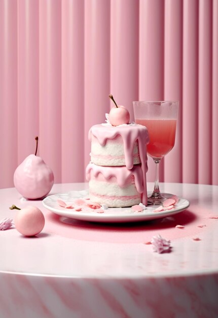 Gâteau de mariage ou d'anniversaire décoré sur fond rose avec du zéphir rose et des macaroons