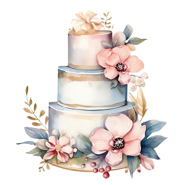 Gâteau de mariage aquarelle avec des fleurs Illustration AI GenerativexA