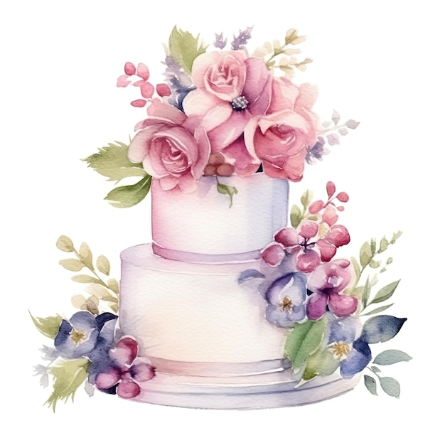 Gâteau de mariage aquarelle avec des fleurs Illustration AI GenerativexA