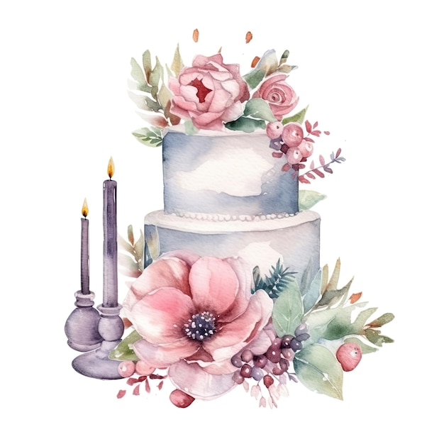 Gâteau de mariage aquarelle avec des fleurs Illustration AI GenerativexA